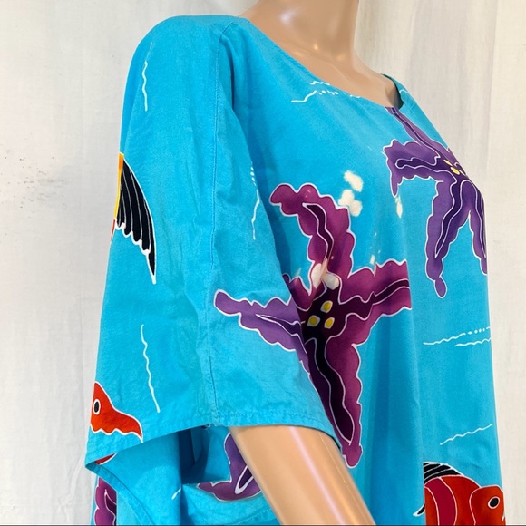 BOP caftan, Coverup, Lounge.    Rayon Aqua with fish  colorful. OS - Picture 3 of 7